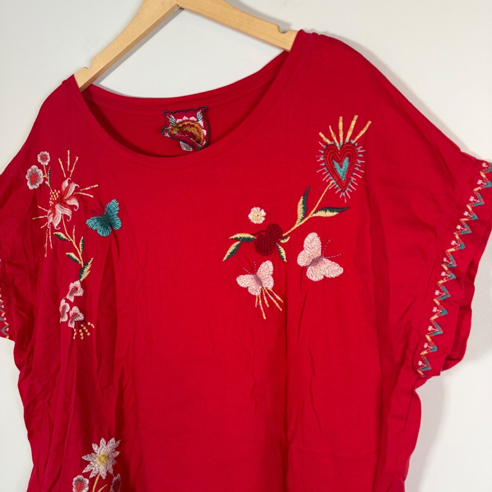 Johnny Was Embroidered Floral Butterfly Top XL 100% Cotton Short Sleeve FLAW - Picture 2 of 8